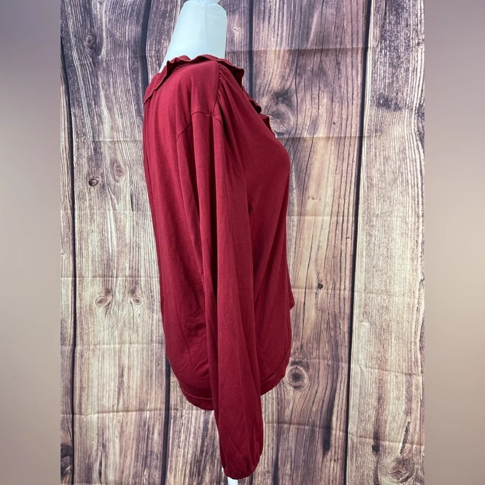 J. Crew Mercantile burgundy red ruffle V-neck  blouse women’s size L - Picture 3 of 16